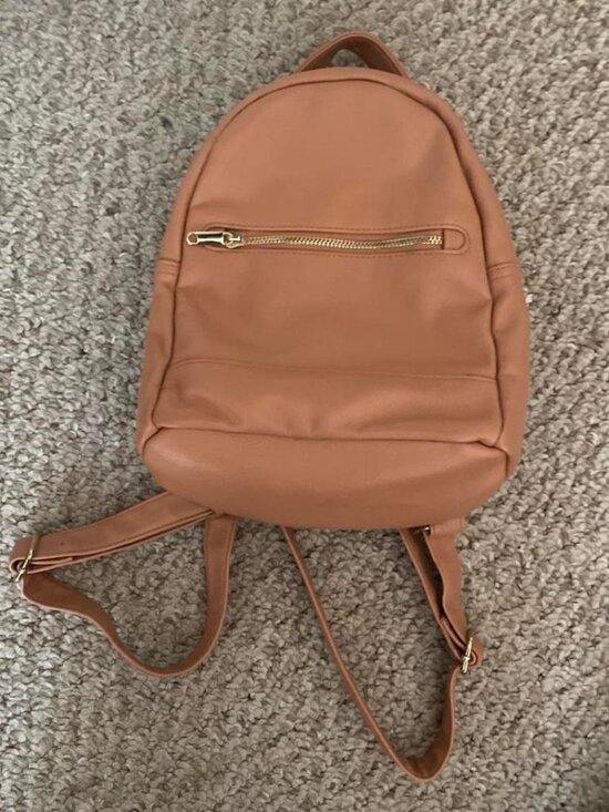 Handbags - Casual Tan Mini Backpack Faux Leather Gold Hardware Bag
